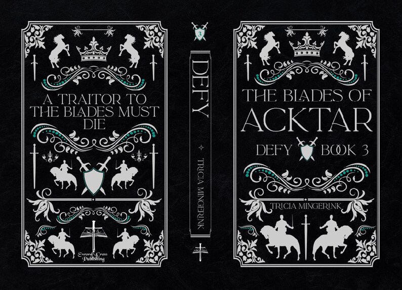 Puede incluir: Portada del libro "Defy the Blades of Acktar", libro 3 de la serie Defy de Tricia Mingerink. La portada presenta un fondo negro con elementos decorativos blancos y verde azulado, incluyendo una corona, espadas y caballos. El t&iacute;tulo "Defy the Blades of Acktar" est&aacute; escrito en blanco, y el subt&iacute;tulo "Defy Book 3" est&aacute; escrito en verde azulado.
