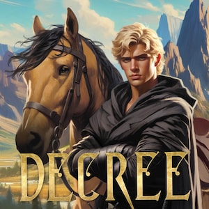 K&ouml;nnte beinhalten: Buchumschlag mit einem jungen Mann in einem schwarzen Umhang, der ein braunes Pferd reitet. Der Titel "DECREE" ist in goldenen Buchstaben geschrieben, und der Untertitel "THE BLADES OF AKTAR" steht darunter in goldenen Buchstaben. Die Zahl "5" befindet sich in einem silbernen Kreis.