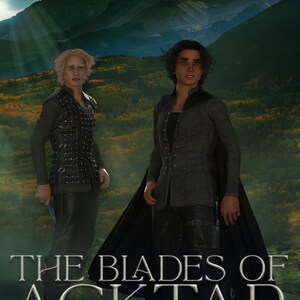 K&ouml;nnte beinhalten: Buchcover mit zwei Personen in Fantasy-Kleidung, die in einem Wald mit einem Berg im Hintergrund stehen. Der Titel des Buches lautet "The Blades of Acktar" und der Untertitel lautet "Decree Book 5".