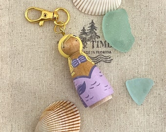 Little Mermaid Peg Doll Key Chain, Key Fob, lavender