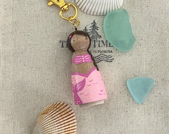 Little Mermaid Peg Doll Key Chain, Key Fob Pink