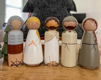 Basic Bible Characters Peg Doll 5 Piece Set, He is Risen, Jesus, Hand painted Christian decor, wooden toys