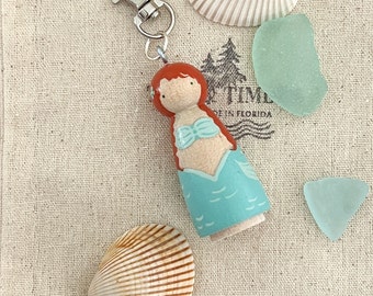 Little Mermaid Peg Doll Key Chain, Key Fob , Aqua