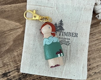 Mushroom Fairy Peg Doll KeyChain, Key fob, Back Pack Buddy