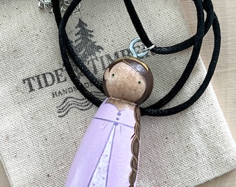 Lavender Princess Peg Doll Pendant, Necklace, Stocking Stuffer