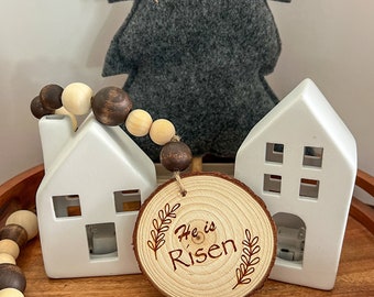 He Is Risen farmhouse tiered tray beads, Garland, Christian Decor