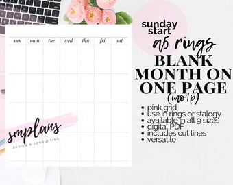 Sunday Start Blank Month on 1 Page (MO1P) - A5 Rings