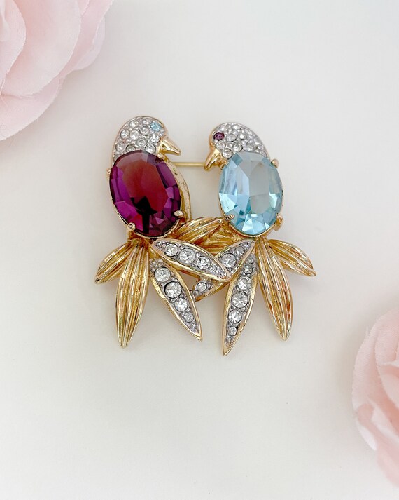 Vintage Love Birds Purple and Blue Stone Brooch - image 2