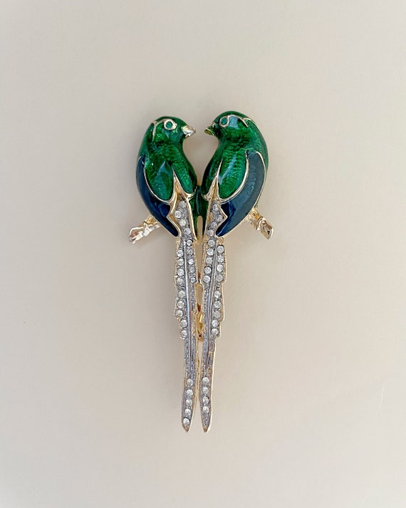 Vintage Birds Green And Blue Enamel Brooch - image 1