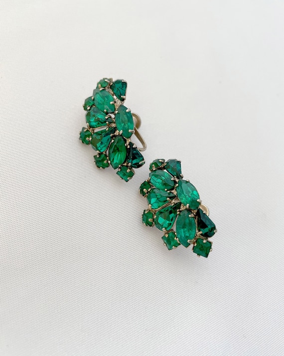 1960s Green Rhinestone Crawler Earrings View 3