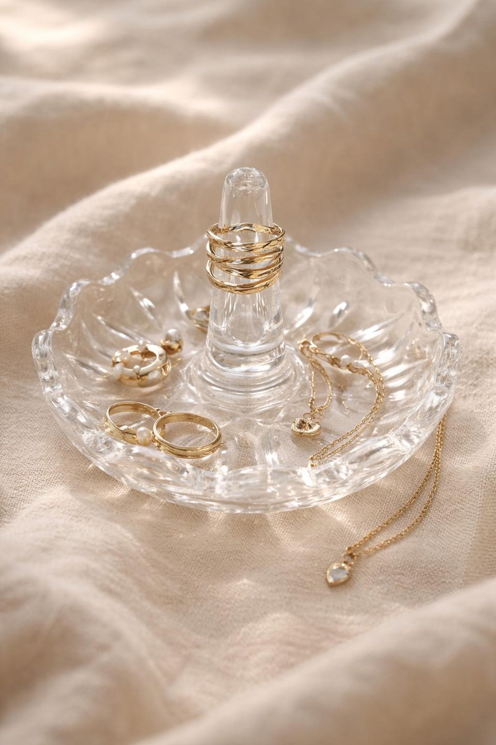 Vintage Scalloped Clear Glass Ring Tree & Jewelry Dish