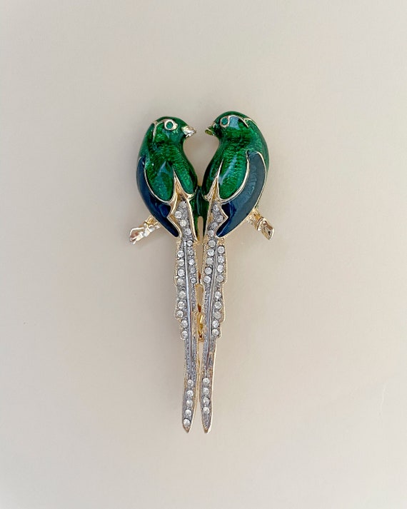 Vintage Birds Green And Blue Enamel Brooch - image 3