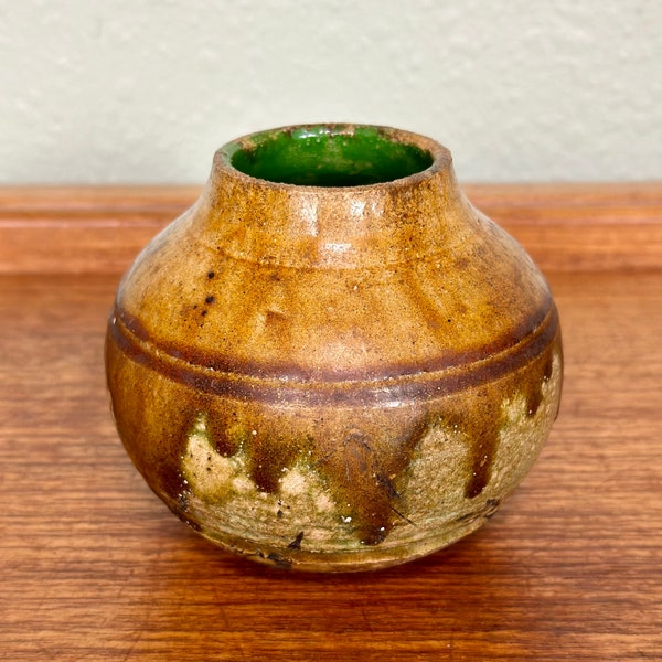 Mid Century Modern Studio Pottery Vase or Weed Pot | Boho Vintage Pottery | Small Pottery Vase Drip Glaze | Wheel Thrown Pottwry