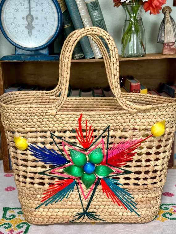 Mexican Straw Purse Embroidered with Flowers | Str