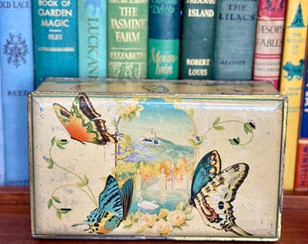 Boîte métallique papillon de style artistique vintage | Boîte à biscuits | Boîte rectangulaire moyenne | Boîte à imprimé floral | Boîtes de cuisine