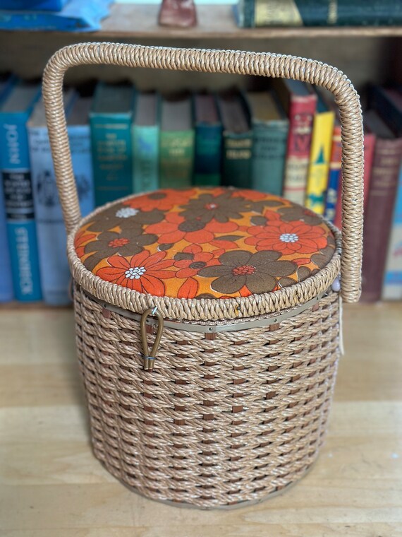 Vintage Flowers Wicker Sewing Caddy Wicker Bucket Bag Flower  
