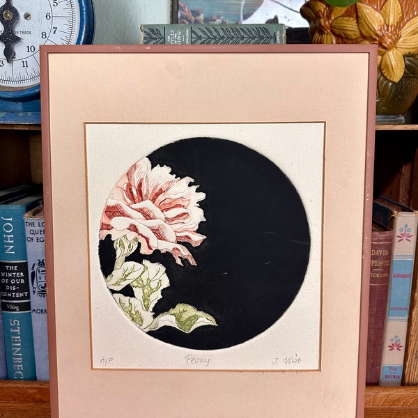 Vintage Watercolor and Cut Paper Peony Art | Vintage Original Art | Japanese Style Art