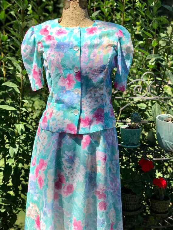 Vintage Pastel Floral Two Piece | 1980s Floral Dre