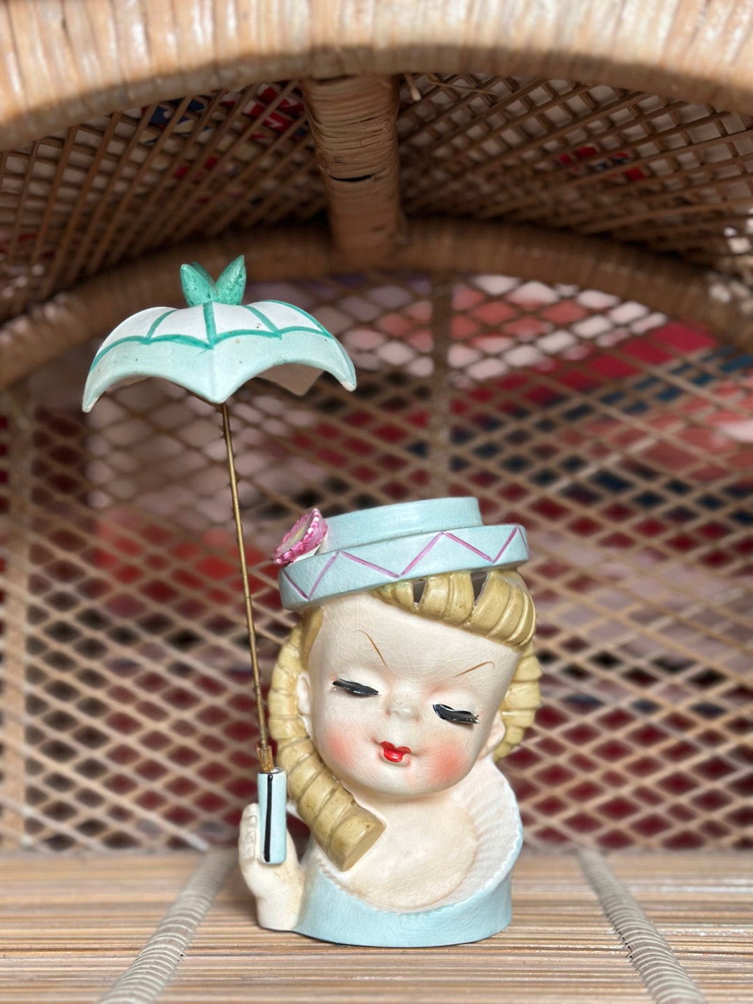 Vintage Umbrella Girl Head Vase Lady Head Vase Anthropomorphic Vase Etsy