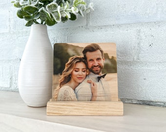 Custom Wood PhotoStand, Wood Photo Tile With Stand, Personalized 4'' Photo Tile, Family Photo Gift, Valentine's Day Gift, Gift For Couples