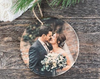 Custom Wood Photo Ornament, Personalized Christmas Ornament, First Married Ornament, Rustic Decor, Christmas Photo Gift, Wood Slice Ornament