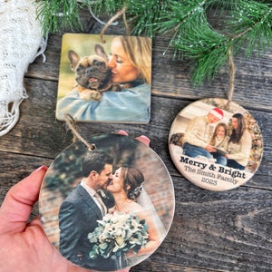 Custom Wood Photo Ornament, Wedding Ornaments, Personalized Christmas Ornament, Rustic Decor, Christmas Photo Gift, Wood Slice Ornament image 3