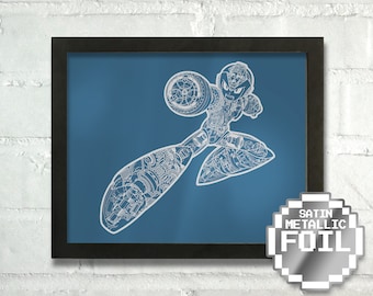 Handmade Video Games Wall Art: Megaman X Blueprint, Metallic Foil Personalized Gift