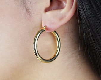 14K Gold Lightweight Tubular Round Hoop, Thick Wide Hoops, 35mm Diameter, 3mm Thickness, Hollow Hoop, Gold Hoops, Simple Gold Hoop Earrings