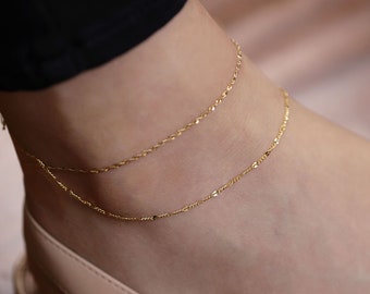 Chain with Diamond Cut Oval Link, Gold Chain Anklet, 14K Solid Gold Anklet, Simple Chain Anklet, Layering Jewelry