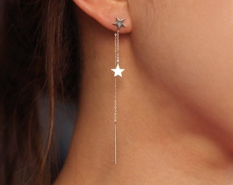 Star Earring, Two Stars Drop Earring, 14K Gold Two Stars Drop Earring, Star Stud Dangle Earring, Drop & Dangle Earring, Dangle Star Earring