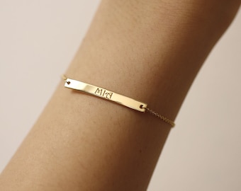 14K Gold Bar Bracelet, Personalized Bar Bracelet, Name Bracelet, Gold Bracelet, Simple Name Bar Bracelet, Layering Jewelry, Free Engraving