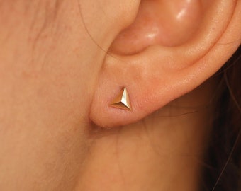 Könnte beinhalten: Nahaufnahme eines Ohrs mit einem kleinen goldenen Dreiecks-Ohrstecker.
