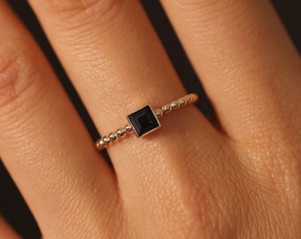 Onyx Rings 14K Solid Gold Onyx Ring Square Onyx Ring Black Stone Beaded Ring Onyx Beaded Gold Ring