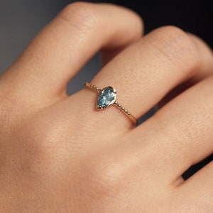 Aquamarine Solitaire Ring, Aquamarine Ring with Bead Detail, 14K Solid Gold Ring, Teardrop Aquamarine Solitaire Ring, 14K Minimalist Ring image 1