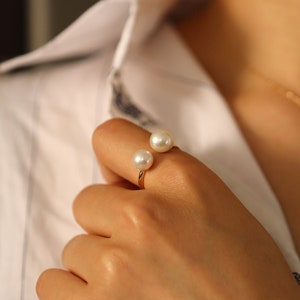 Open Pearl Ring Bridal Ring 14K Solid Gold Fresh Pearl Ring Unique Ring image 2