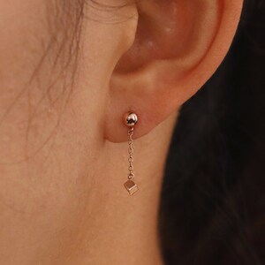 14K Gold Ball Stud Cube Drop Earring, Gold Cube Drop Dangle Earring, Geometric Drop Chain Screwback Earring, Cube Dangle Earring