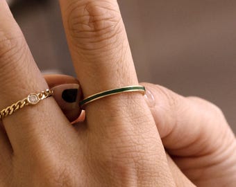 14K Solid Gold Enamel Band, Wedding Band, Flat Ring Band, Stacking Ring, Simple Minimalist Ring, Engagement Ring, Couples Band
