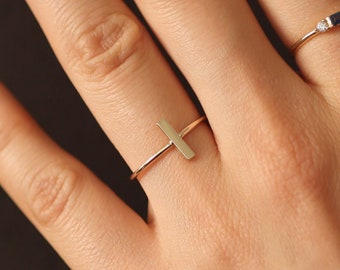 14K Solid Bar Ring, 14K Gold Ring, Engraving Wedding Band, 14K Wedding Ring, 14K Gold Minimalist Ring, Unique Wedding Ring, Free Engraving