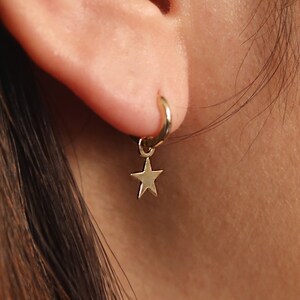 Gold Huggie Star Dangle Earring, 9mm Gold Huggie with Star Charm Earring, 14K / 18K Gold Star Dangle Hoop, Gold Huggie Charm Earring