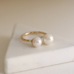 Open Pearl Ring Bridal Ring 14K Solid Gold Fresh Pearl Ring Unique Ring image 1