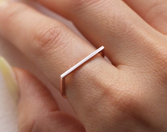 14K Solid Gold Flat Top D Shaped Ring, 14K Gold Flat Bar Ring, 14K Wedding Band, Thin Horizontal Bar Ring, Minimalist Stacking Ring