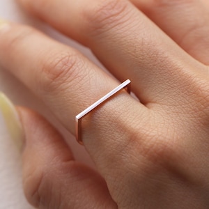 14K Solid Gold Flat Top D Shaped Ring, 14K Gold Flat Bar Ring, 14K Wedding Band, Thin Horizontal Bar Ring, Minimalist Stacking Ring