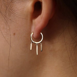 Gold Bar Drop Dangle Earring, 3 Bars Drop Dangle Huggie, Minimalist Geometric Drop Dangle Earring, 14k / 18k Solid Gold Drop Dangle Huggie