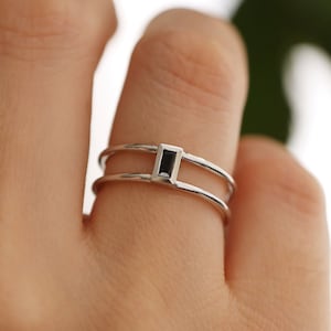 Baguette Cut Black Onyx Ring, Baguette Black Onyx Double Band Ring, 14K Black Onyx Wedding Band, Black Onyx Wedding Ring