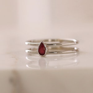 Pear Shape Ruby Solitaire Ring, Double Banded Ruby Ring, 14K Solid Gold Ring, Teardrop Ruby Solitaire Ring, Gifts for Her