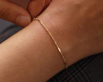 Singapore Chain with Bar Detail, Gold Chain Bracelet, 14K Solid Gold Bracelet, Simple Chain Bracelet, Layering Jewelry