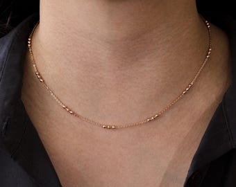 Diamond Cut Bead Chain Necklace, Rolo Chain Link Bead 3 Station Necklace, 14K Solid Gold Three Trio Beads Necklace, Layering Necklace