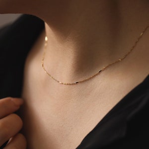 Singapore Chain with Bar Detail, Gold Chain Necklace, 14K Solid Gold Necklace, Simple Chain Necklace, Layering Jewelry