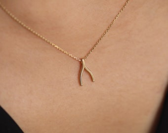 14K Gold Wishbone Necklace, 14K Gold Wishbone Pendant Necklace, Wishbone Charm Necklace, 14k Gold Minimalist Lucky Necklace, Gifts for Her