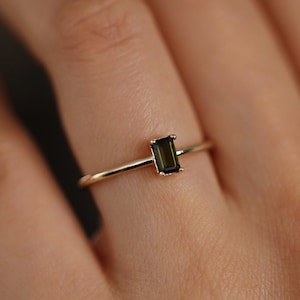 Olive Green Tourmaline Solitaire Ring, Baguette Green Tourmaline Ring, 14K Solid Gold Ring, Solitaire Ring, Minimalist Ring, Birthstone Ring